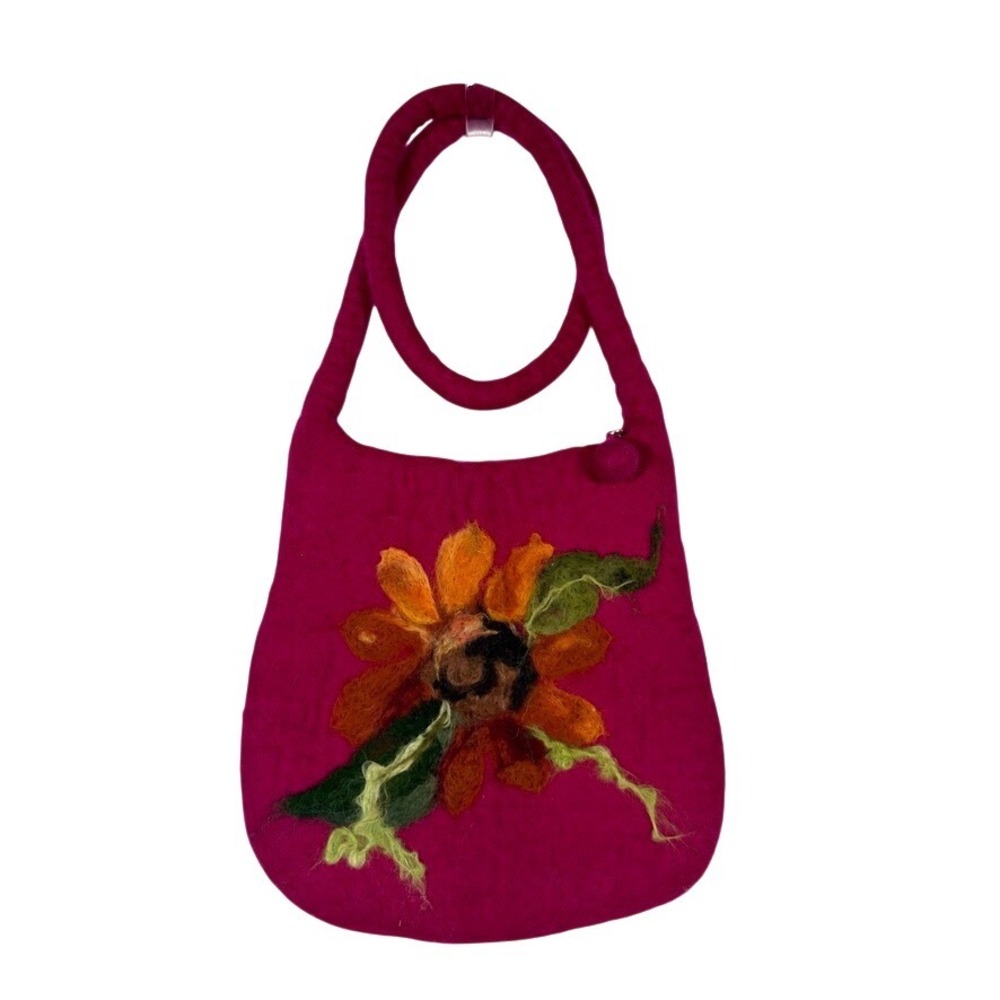 Handmade Wool Felted Sunflower Crossbody‎ Bag Magenta Pink Floral Boho Nepal